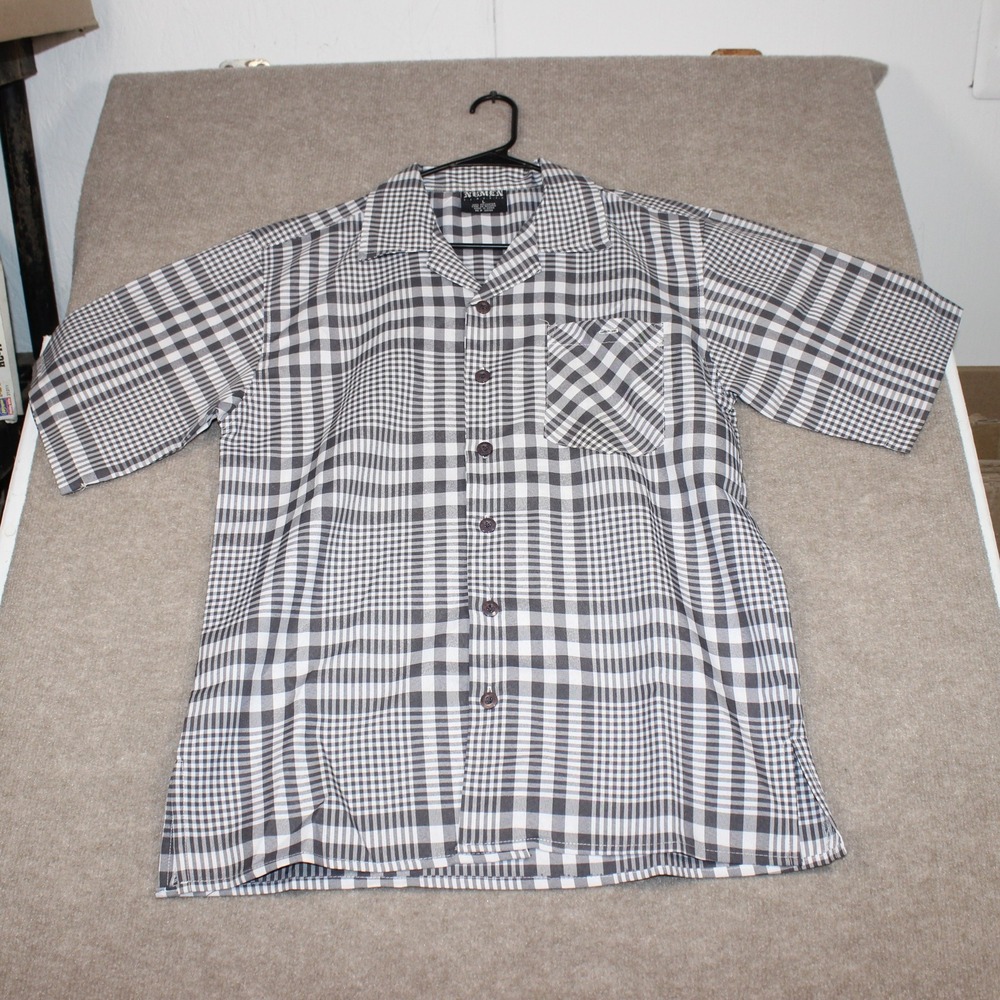 Numen Classic Men Large Black White Checkered Plaid Short Sleeve Button Up Shirt